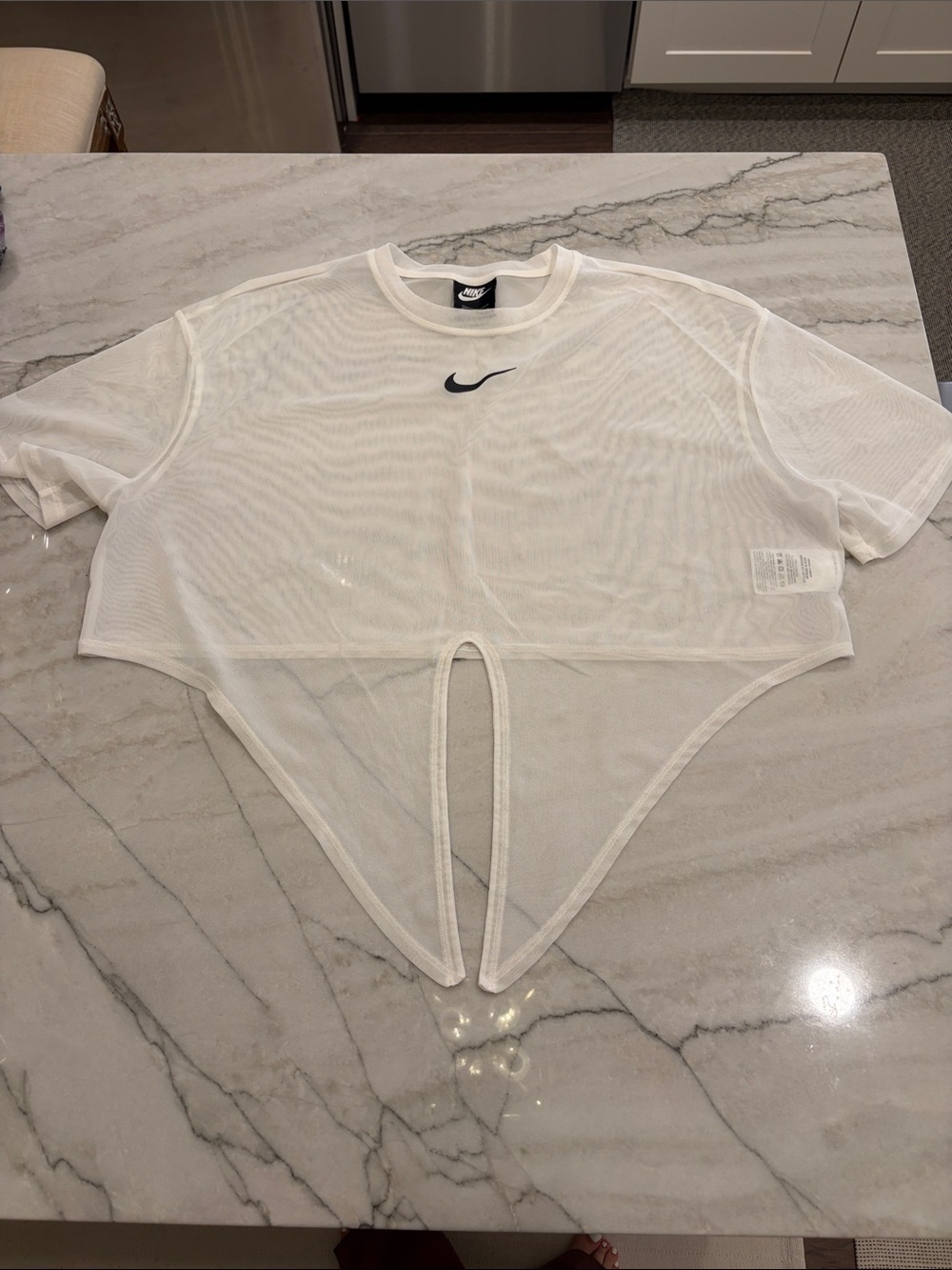 BNWOT Nike White Sheer Mesh Cropped Tee with Black Swoosh SZ L